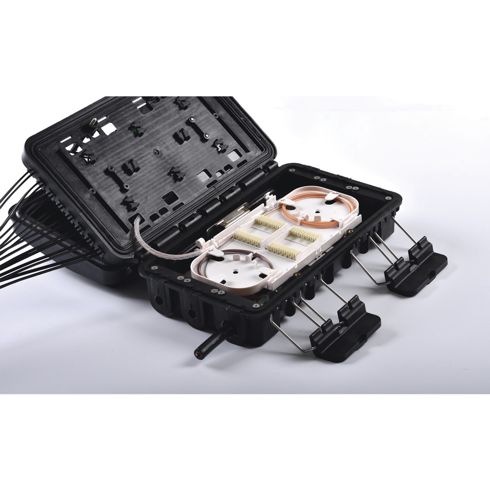Fiber Optic Distribution Box for 24 Splices, with 16 SC/APC Simplex Couplers, IP65 Exterior, Black
