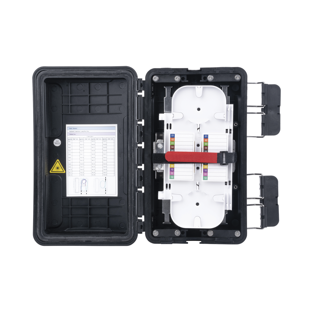 Caja de Distribución de Fibra Óptica, Hasta 96 Empalmes, Exterior IP65, Color Negro