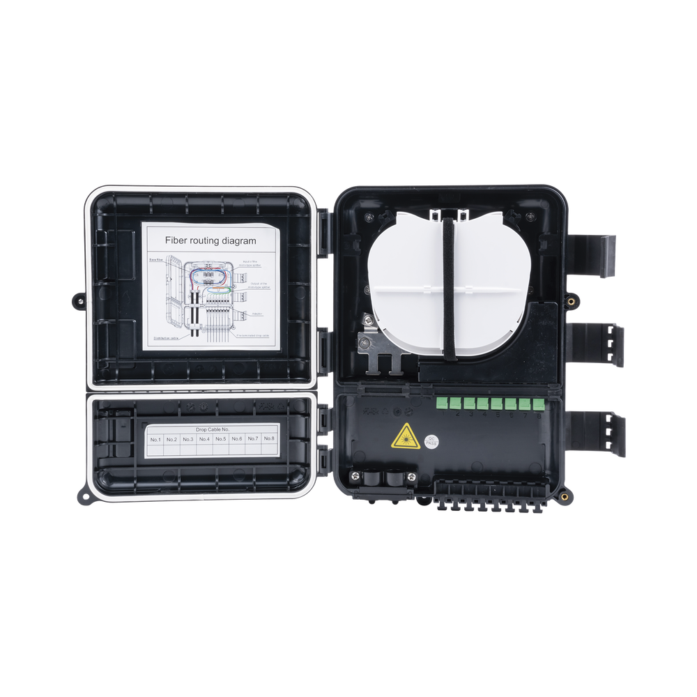 Fiber Optic Distribution Box for 24 Splices, with 8 SC/APC Simplex Couplers, IP55 Exterior, Black