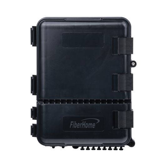Caja de Distribución de Fibra Óptica para 24 Empalmes, con 8 acopladores SC/APC simplex, Exterior IP55, Color Negro