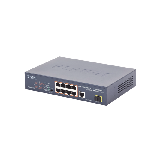 Switch no Administrable 8 puertos 10/100 c/ PoE, 1 puerto Uplink 10/100/1000 y 1 SFP 100/1000 para escritorio 