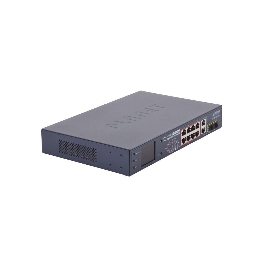 Switch PoE+ / distancia 250 metros / 8 puertos + 2 combo TP/SFP gigabit y pantalla LCD para monitoreo