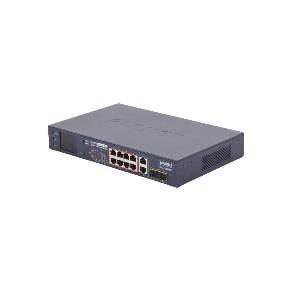 Switch PoE+ / distancia 250 metros / 8 puertos + 2 combo TP/SFP gigabit y pantalla LCD para monitoreo
