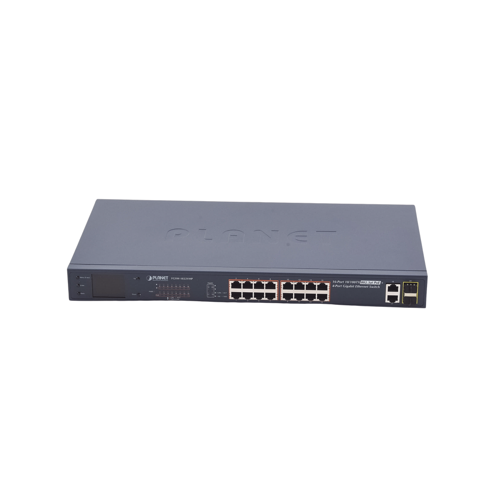 Switch no administrable PoE+ Extended, Aislamiento VLAN de 16 puertos + 2 combo TP/SFP Gigabit y Pantalla