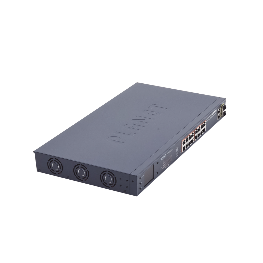 Switch no administrable PoE+ Extended, Aislamiento VLAN de 16 puertos + 2 combo TP/SFP Gigabit y Pantalla
