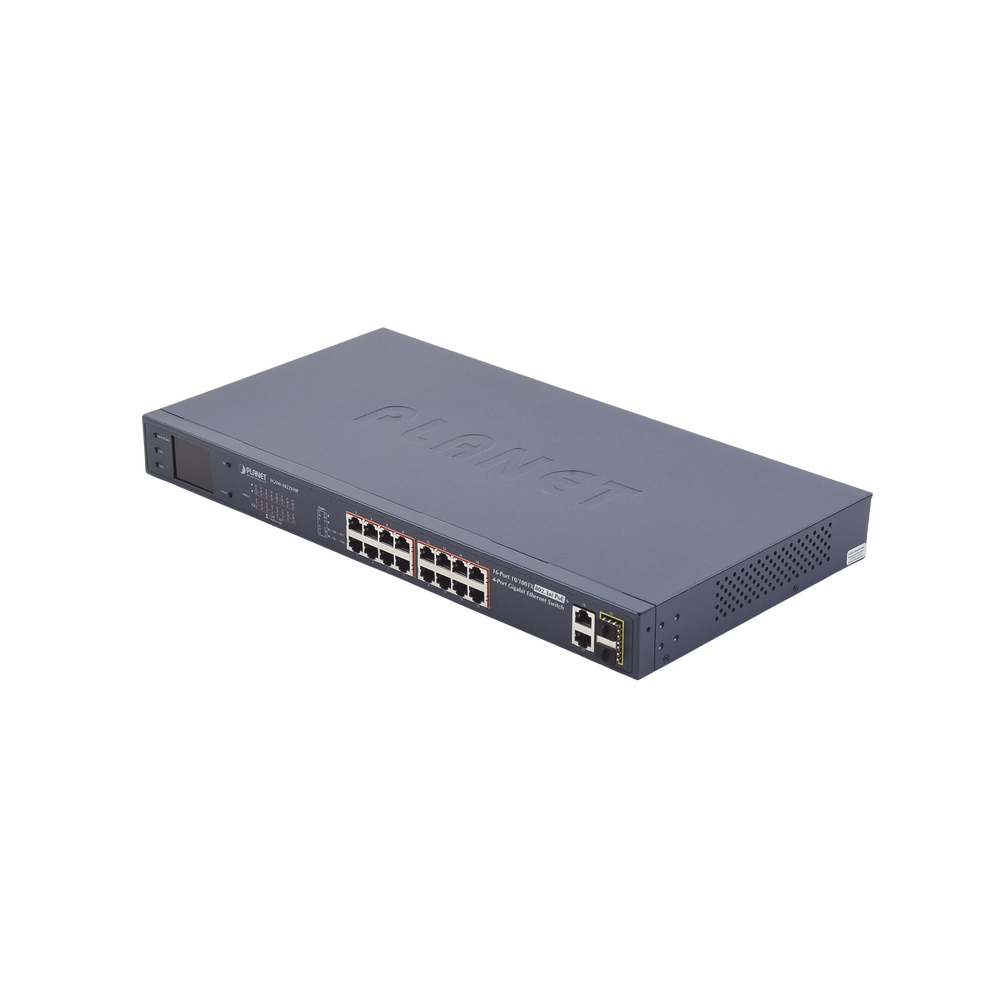 Switch no administrable PoE+ Extended, Aislamiento VLAN de 16 puertos + 2 combo TP/SFP Gigabit y Pantalla 