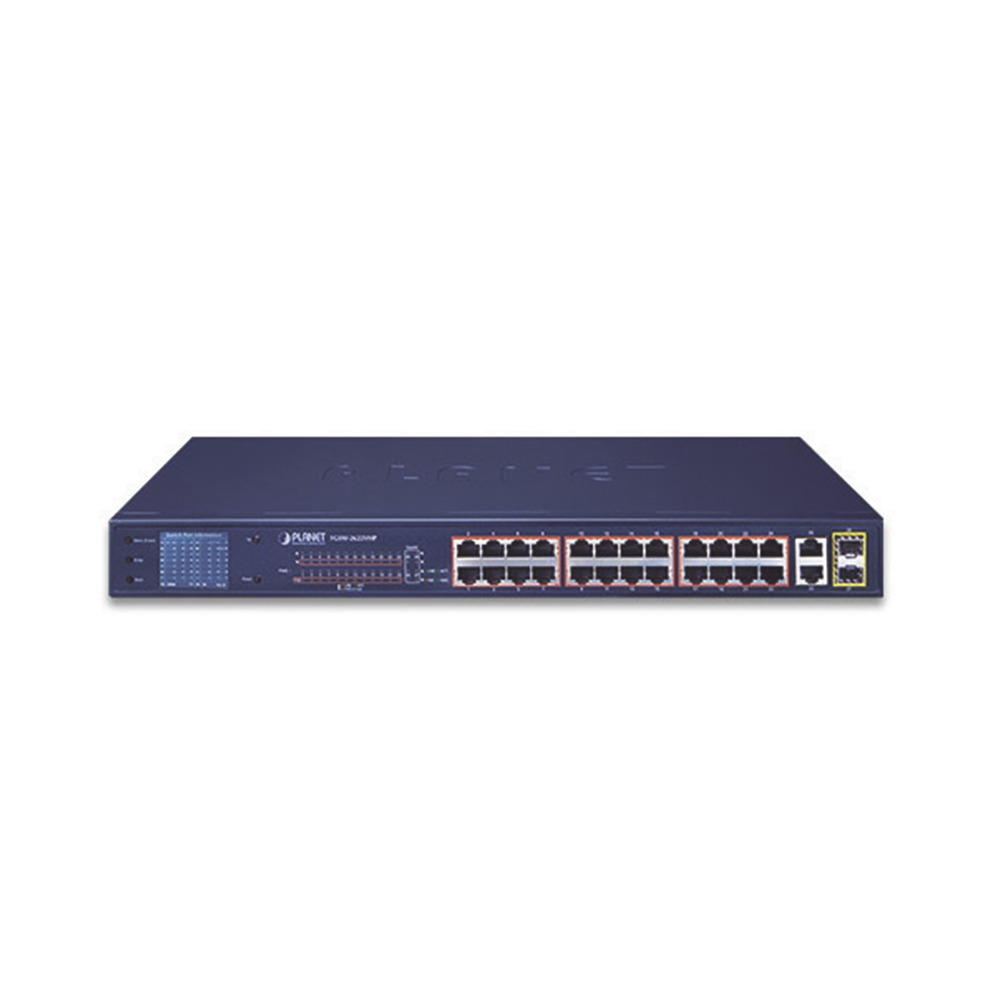Switch No Administrable de 24 Puertos PoE 10/100TX 802.3af/at, 2 Combo TP/SFP Gigabit y Pantalla LCD para Monitoreo y Configuración Básica de PoE, Hasta 300 Watts