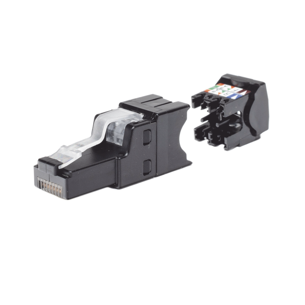RJ45 UTP Plug, Straight Installation, Field Termination Certifiable, Compatible with Cat5e, Cat6 and Cat6A, Black Color