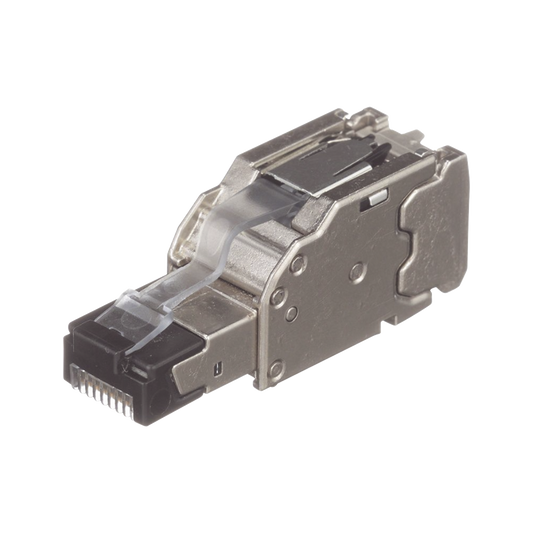 Plug RJ45 Blindado, Instalación Recta, Terminación en Campo Certificable, Compatible con Cat5e, Cat6 y Cat6A, Color Plata, Paquete de 10 Piezas, Incluye herramienta.