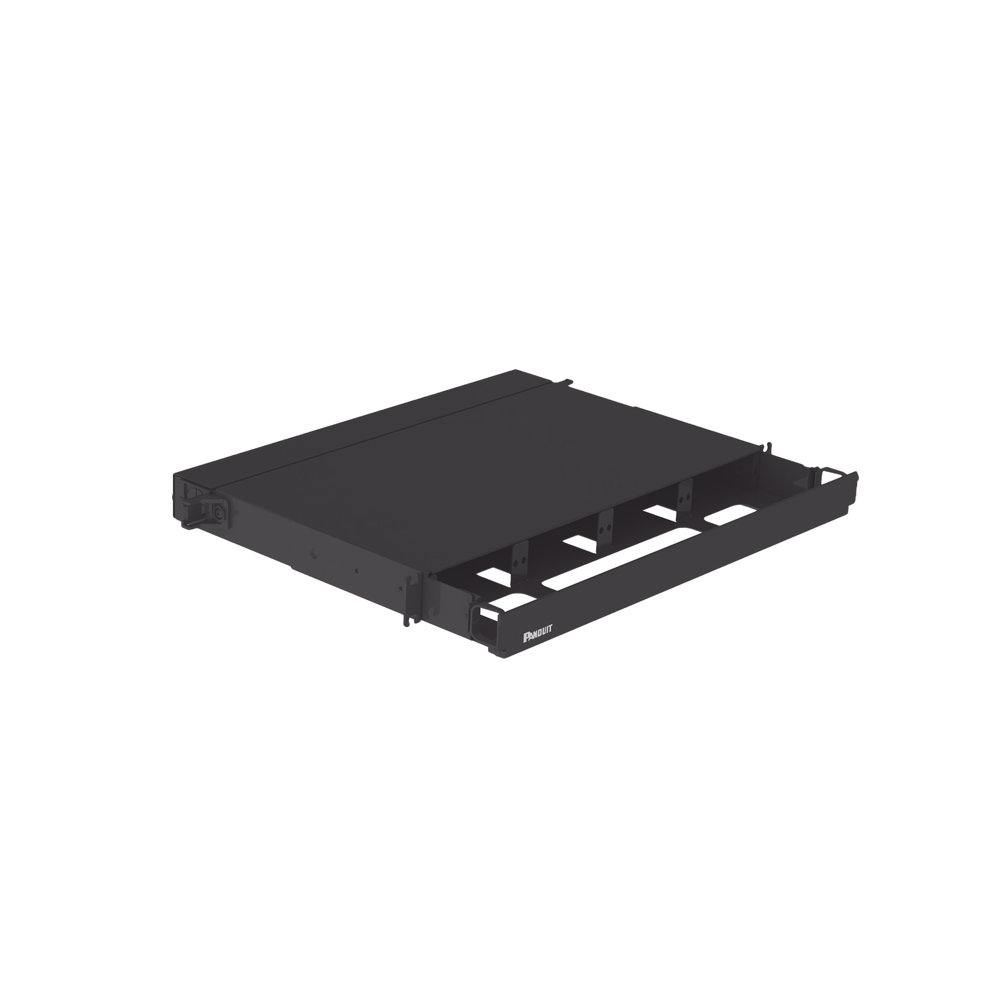 Panel de Distribución de Fibra Óptica, Acepta 4 Placas FAP o FMP, Bandeja Deslizable, Hasta 96 Fibras, Color Negro, 1UR