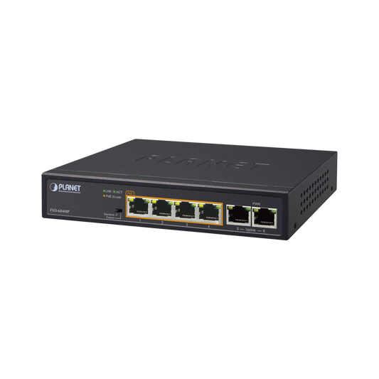 Switch no administrable PoE+, 4 puertos 802.3af/at distancia 250 m + 2 puertos 10/100 de Uplink, Throughput: 0.89 Mpps, Fuente Interna