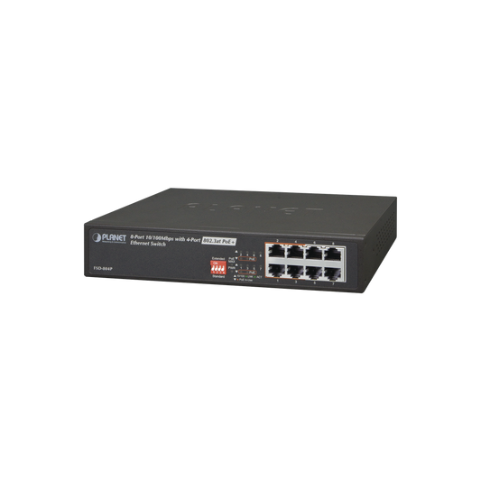 Switch no administrable PoE de 8 puertos 10/100 Mbps con 4 puertos PoE 802.3at extended a 200 mts