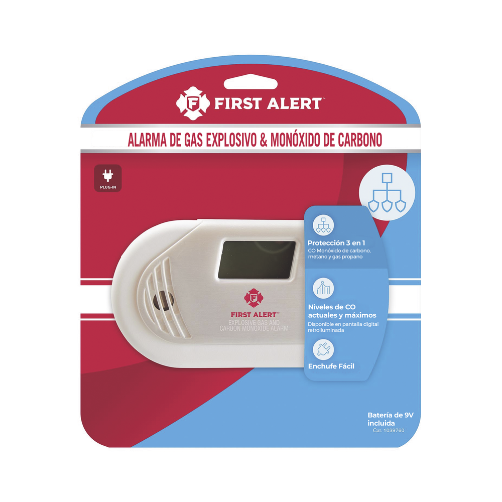 Combination explosive gas and carbon monoxide detector with backlit digital display, plug-in, and battery backup