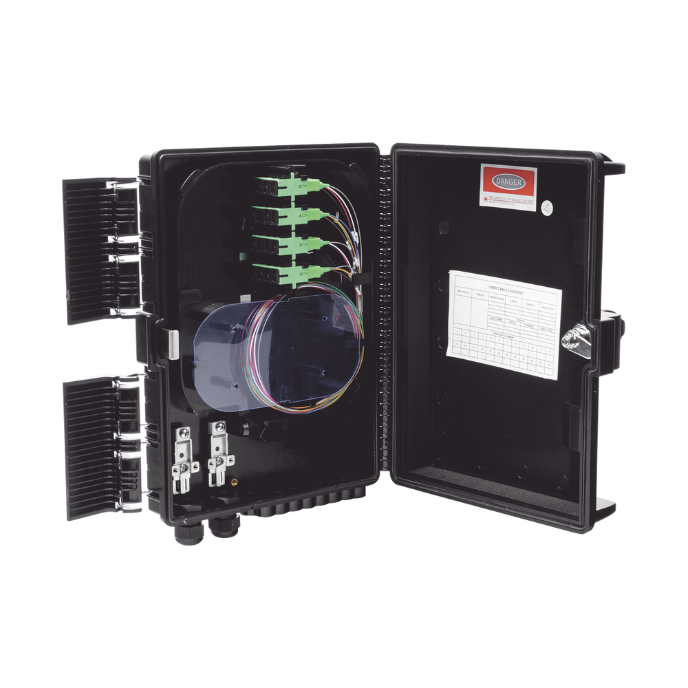 Splice closure for 24 fiber optic fusions, Indoor/Outdoor, with 16 SC/APC couplers and 1x16 splitter, IP65
