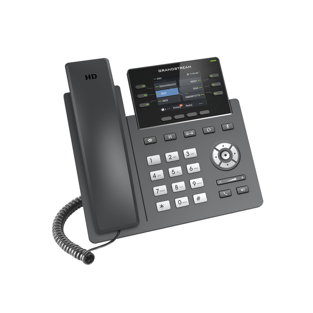 Carrier-grade IP phone, 3 SIP lines with 6 accounts, Gigabit ports, PoE, 2.4" color display, Opus codec, IPv4/IPv6 with GDMS cloud management