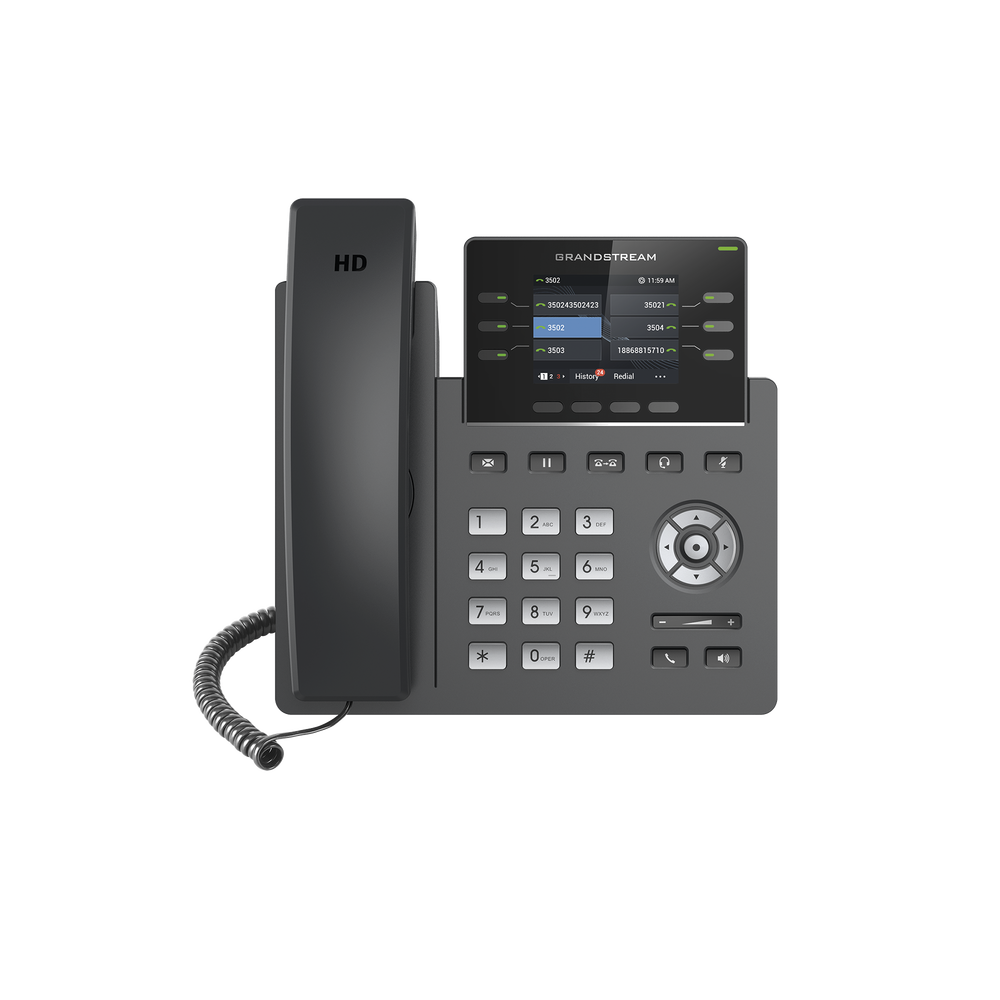 Teléfono IP Grado Operador, 3 líneas SIP con 6 cuentas, puertos Gigabit,PoE,  pantalla a color 2.4", codec Opus, IPV4/IPV6 con gestión en la nube GDMS