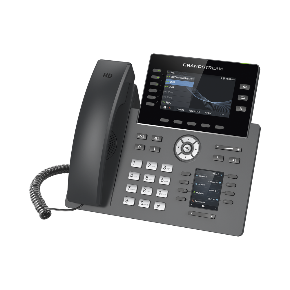 Teléfono IP Wi-Fi, Grado Operador, 6 líneas SIP con 6 cuentas, pantalla a color 4.3", puertos Gigabit, Bluetooth, PoE, codec Opus, IPV4/IPV6 con gestión en la nube GDMS