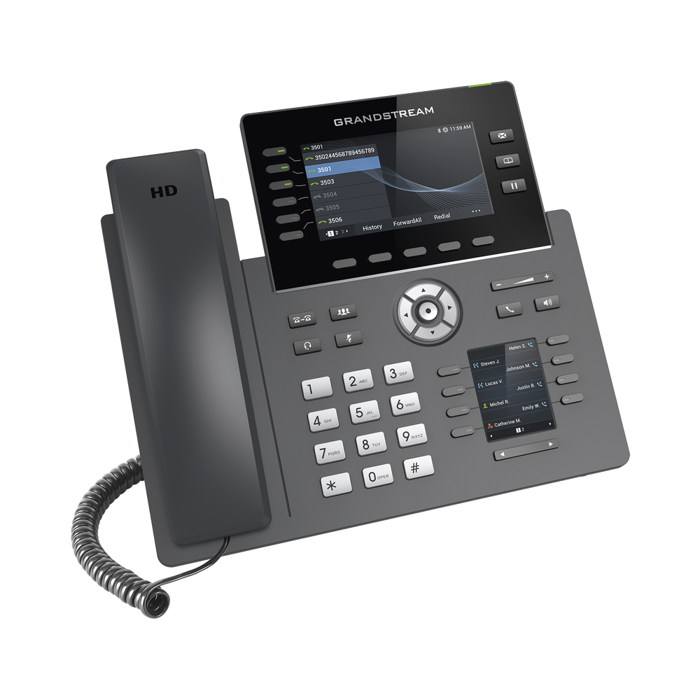 Teléfono IP Wi-Fi, Grado Operador, 6 líneas SIP con 6 cuentas, pantalla a color 4.3", puertos Gigabit, Bluetooth, PoE, codec Opus, IPV4/IPV6 con gestión en la nube GDMS