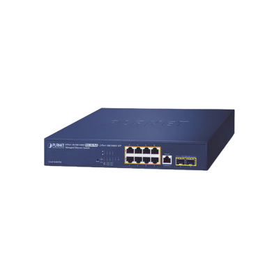 Switch PoE Administrable Capa 2, 8 puertos PoE 802.3af/at/bt, 2 Puertos SFP 100/1000X, Hasta 180 Watts