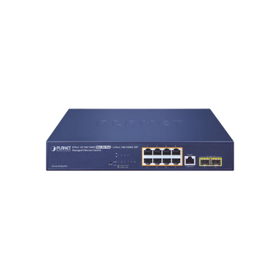Switch PoE Administrable Capa 2, 8 puertos PoE 802.3af/at/bt, 2 Puertos SFP 100/1000X, Hasta 180 Watts