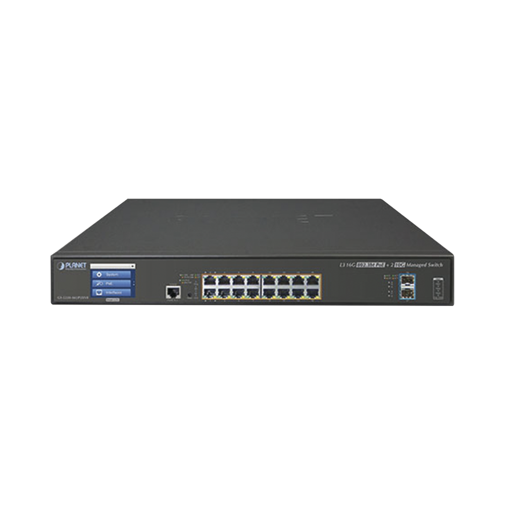 Switch Administrable Capa 3, 16 Puertos Gigabit con PoE 802.3bt, 2 Puertos 10 G SFP+, Pantalla Táctil (400 W)