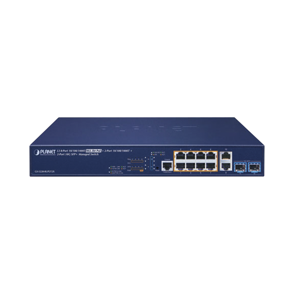 Switch Administrable Capa 3, 8 Puertos 10/100/1000 Mbps c/PoE 802.3bt, 2 Puertos Gigabit Uplink, 2 Puertos SFP+ 10 G