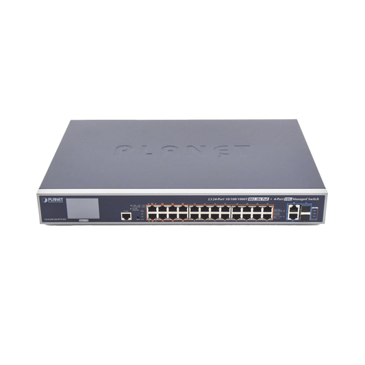 Switch Administrable L3, 24 puertos Gigabit PoE 802.3bt, 2 puertos 10G SFP+, Pantalla Tactil, Fuente Redundante, (600W)