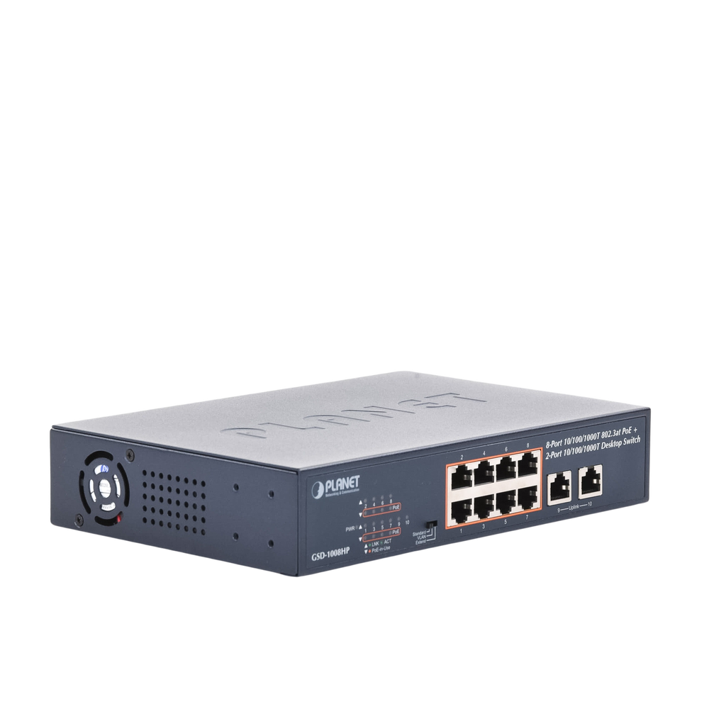 Switch no administrable PoE de 8 puertos 10/100/1000 Mbps con PoE 802.3af/at