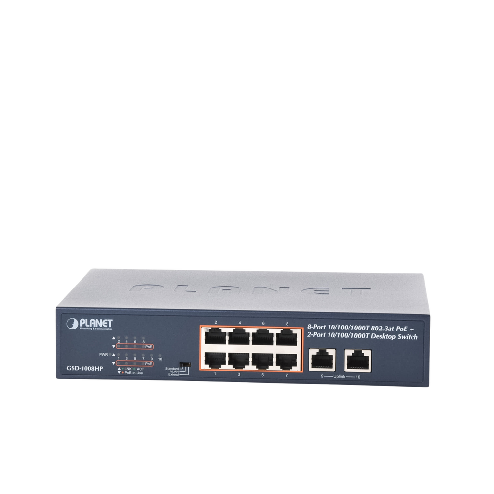 Switch no administrable PoE de 8 puertos 10/100/1000 Mbps con PoE 802.3af/at