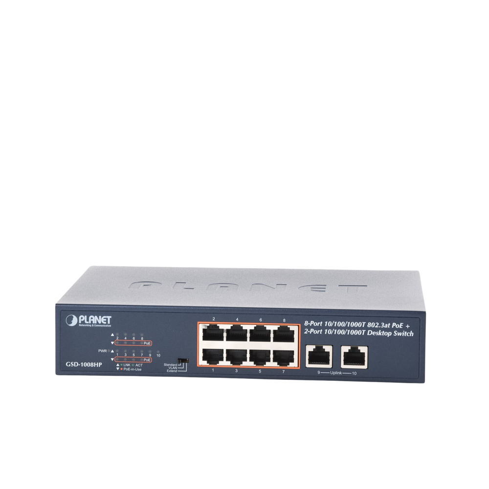 Switch no administrable PoE de 8 puertos 10/100/1000 Mbps con PoE 802.3af/at