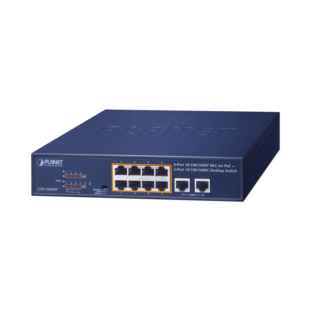 Switch no administrable PoE de 8 puertos 10/100/1000 Mbps con PoE 802.3af/at