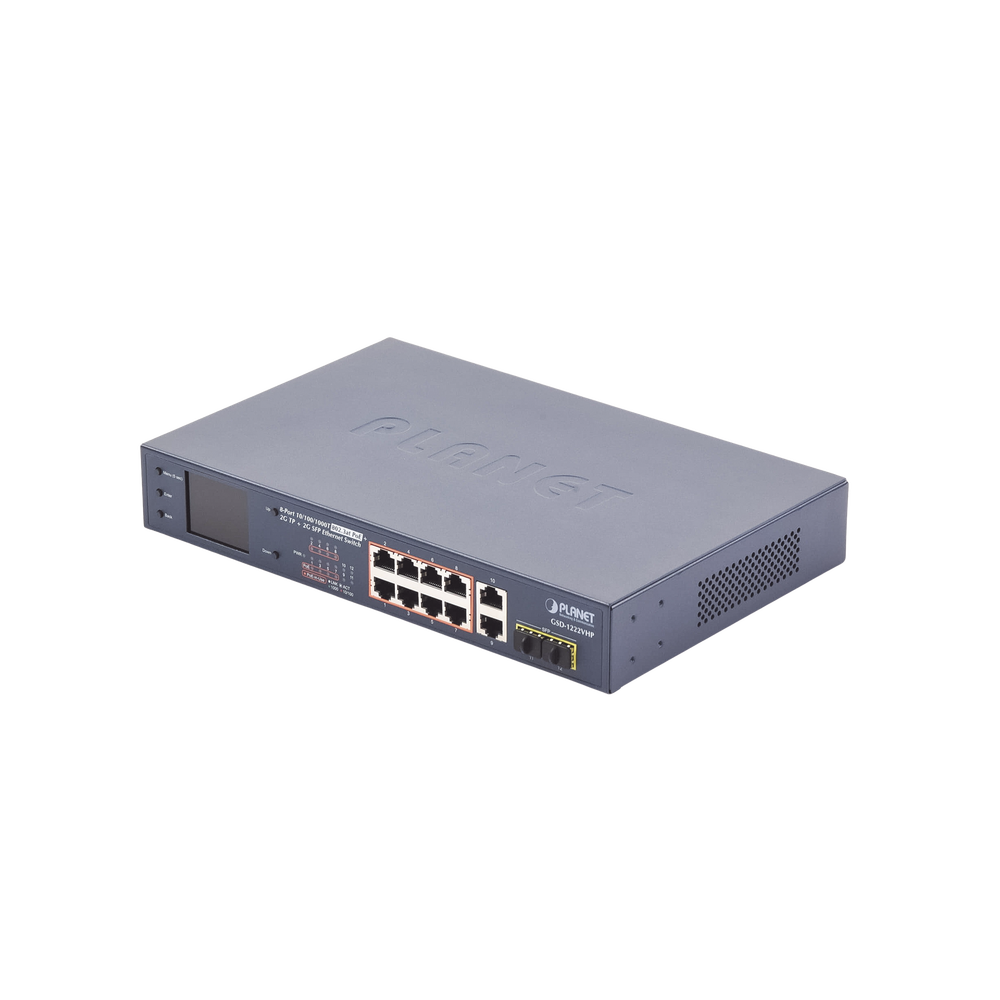 Switch No Administrable 8 Puertos Gigabit con Modo Extend PoE a 250 mts, 2 puertos Uplink 10/100/1000 Mbps, 2 Puertos SFP