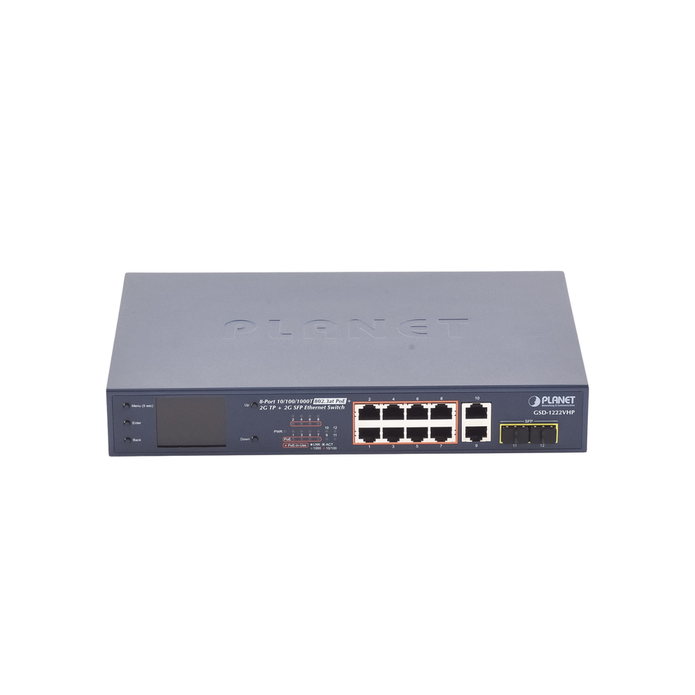 Switch No Administrable 8 Puertos Gigabit con Modo Extend PoE a 250 mts, 2 puertos Uplink 10/100/1000 Mbps, 2 Puertos SFP