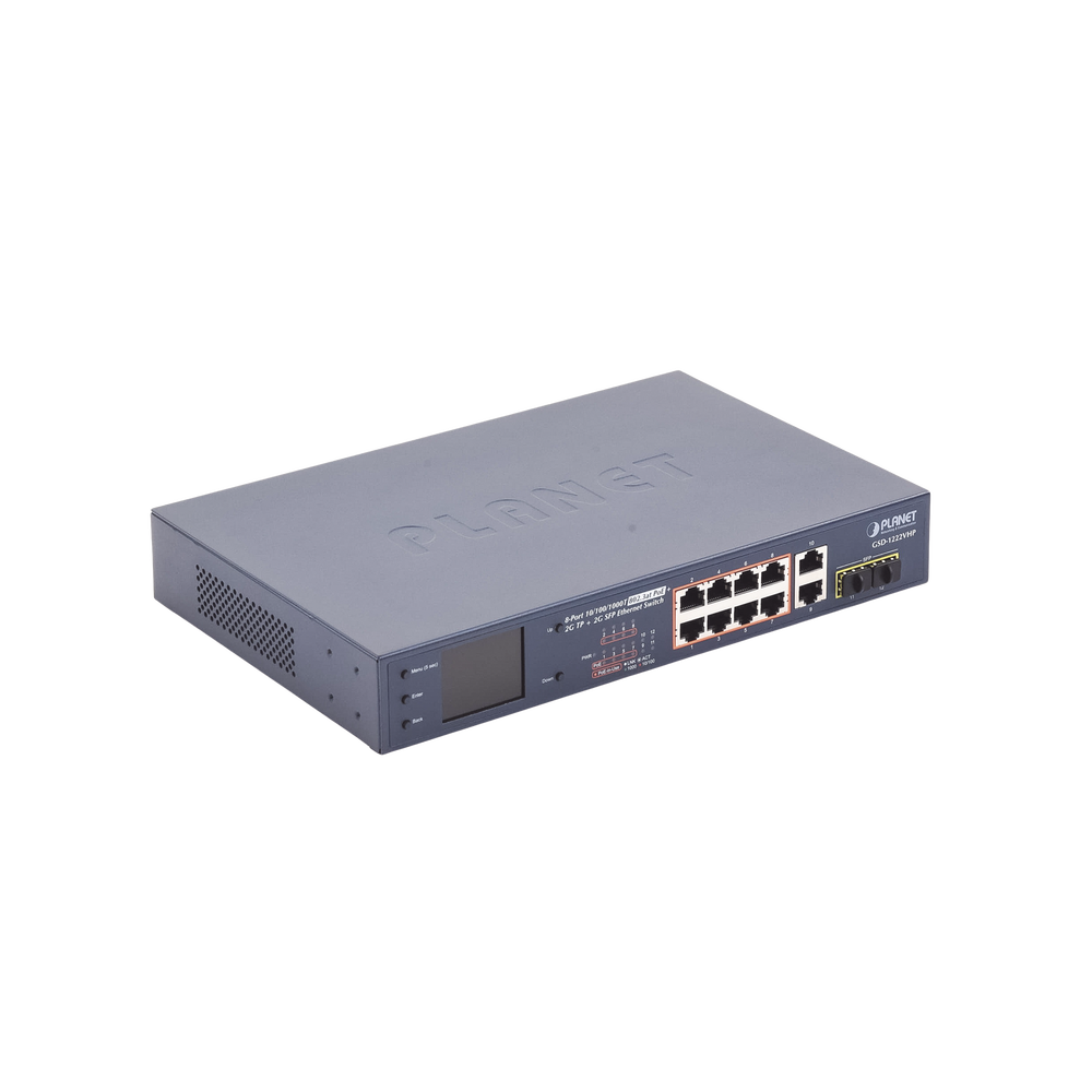Switch No Administrable 8 Puertos Gigabit con Modo Extend PoE a 250 mts, 2 puertos Uplink 10/100/1000 Mbps, 2 Puertos SFP