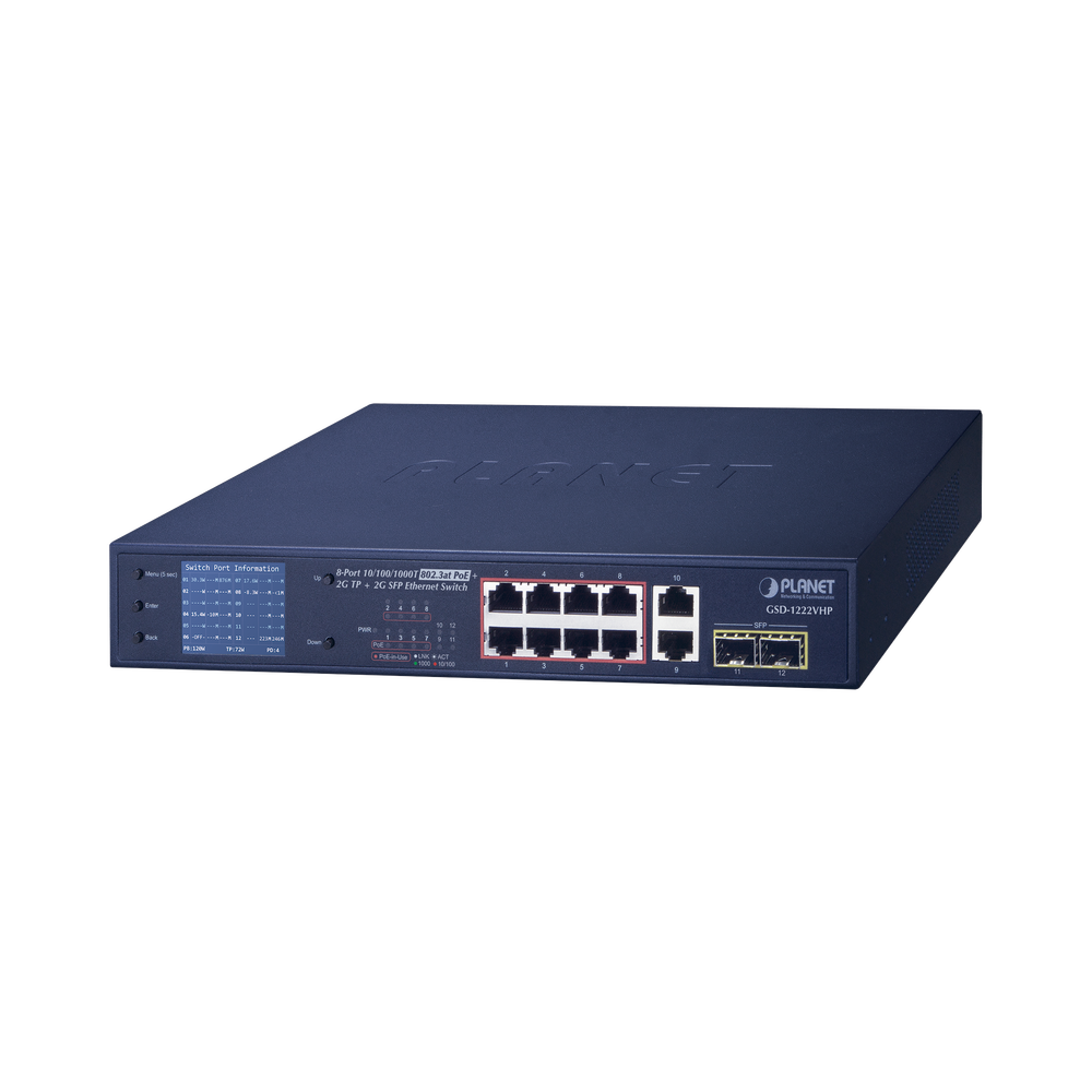 Switch No Administrable 8 Puertos Gigabit con Modo Extend PoE a 250 mts, 2 puertos Uplink 10/100/1000 Mbps, 2 Puertos SFP