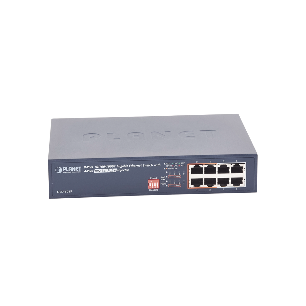 Switch PoE no Administrable, 8 Puertos 10/100/1000 Mbps con 4 Puertos PoE 802.3af/at, Modo Extender Hasta 250 mts