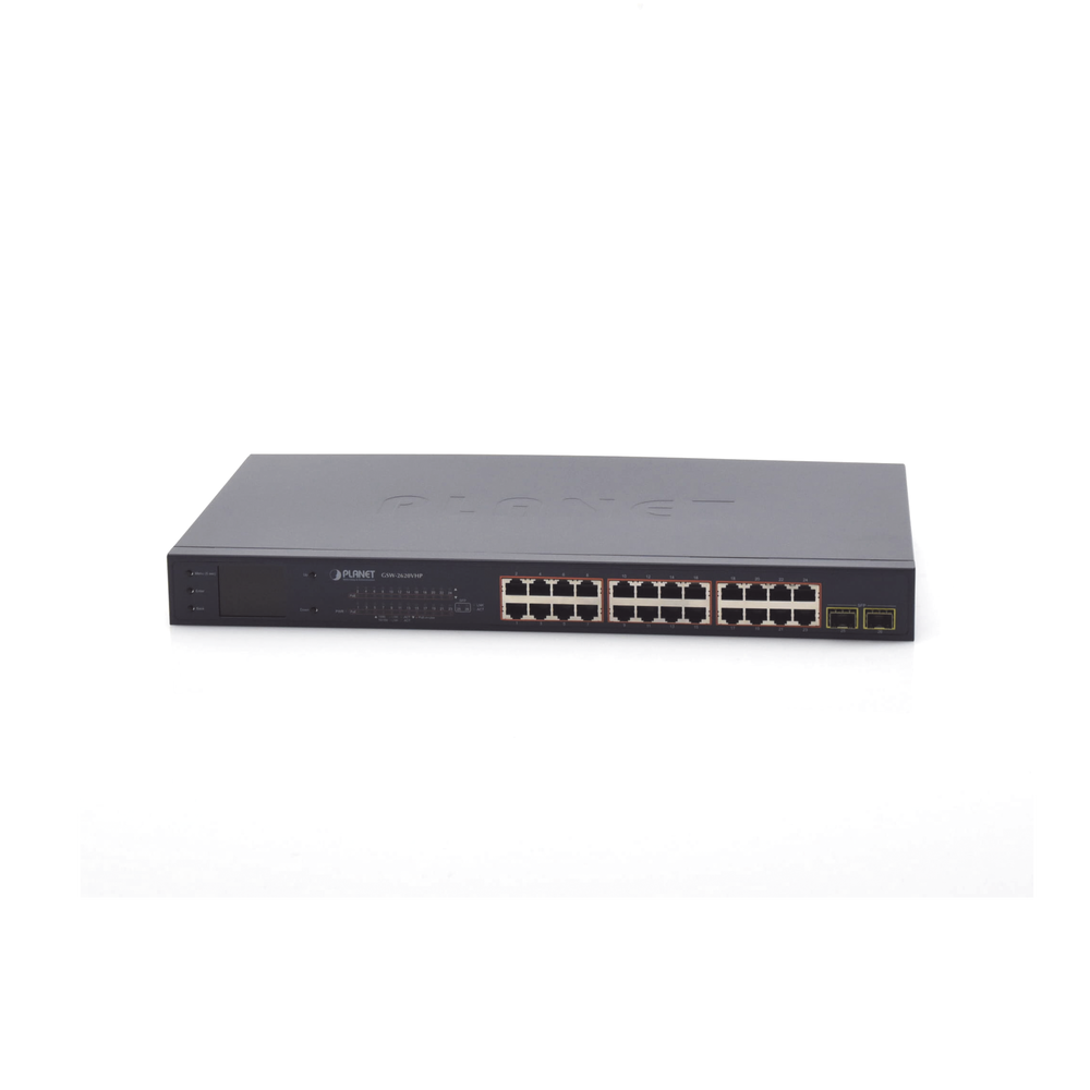 24-Port Gigabit 802.3af/at PoE Switch with Extended Mode 250m, 2 SFP 1000SX Ports, LCD Display for Basic Configuration, Up to 300W for PoE