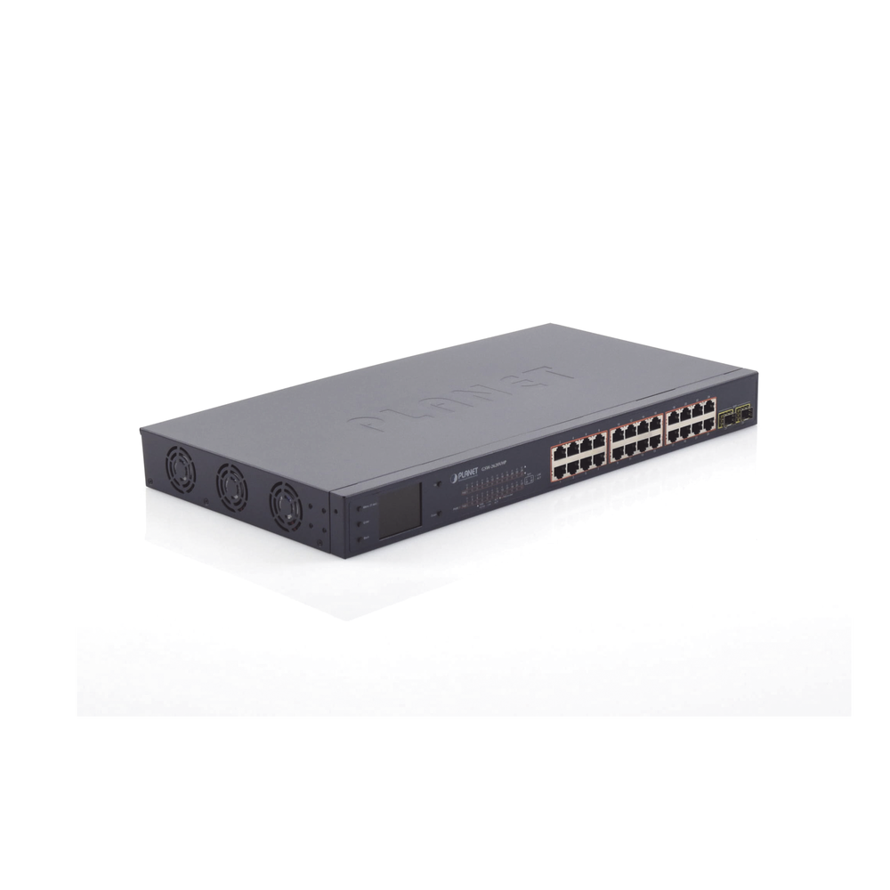 24-Port Gigabit 802.3af/at PoE Switch with Extended Mode 250m, 2 SFP 1000SX Ports, LCD Display for Basic Configuration, Up to 300W for PoE