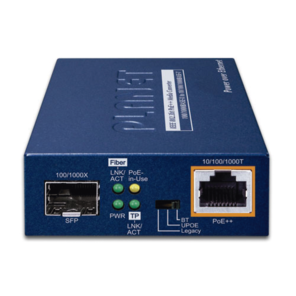 100/1000BASE-X SFP to 10/100/1000BASE-T 802.3bt PoE++ Media Converter (60 Watts)