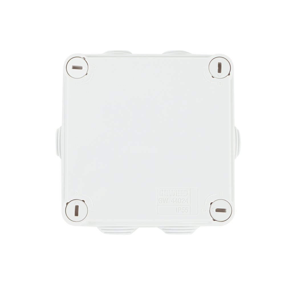 Caja de derivación de PVC Auto-extinguible con 6 entradas, tapa y tornillo de media vuelta de 1/4", 100x100x50 MM (Medidas internas, mayor área permisible para el cable, Para exterior (IP55)