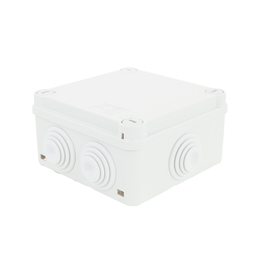 Caja de derivación de PVC Auto-extinguible con 6 entradas, tapa y tornillo de media vuelta de 1/4", 100x100x50 MM (Medidas internas, mayor área permisible para el cable, Para exterior (IP55)