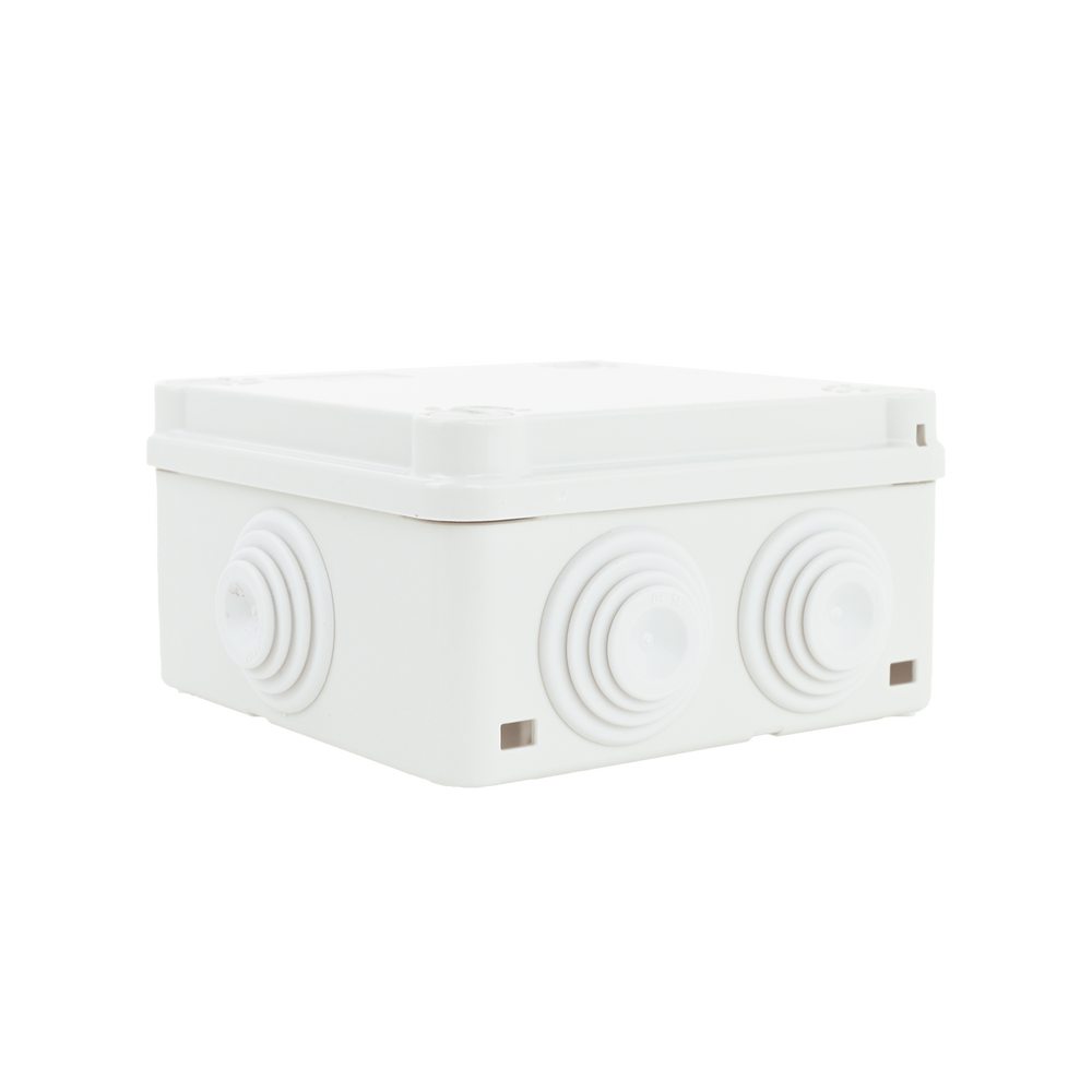 Caja de derivación de PVC Auto-extinguible con 6 entradas, tapa y tornillo de media vuelta de 1/4", 100x100x50 MM (Medidas internas, mayor área permisible para el cable, Para exterior (IP55)