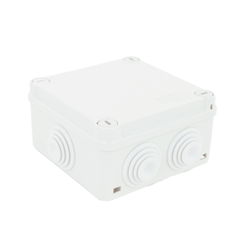 Caja de derivación de PVC Auto-extinguible con 6 entradas, tapa y tornillo de media vuelta de 1/4", 100x100x50 MM (Medidas internas, mayor área permisible para el cable, Para exterior (IP55)