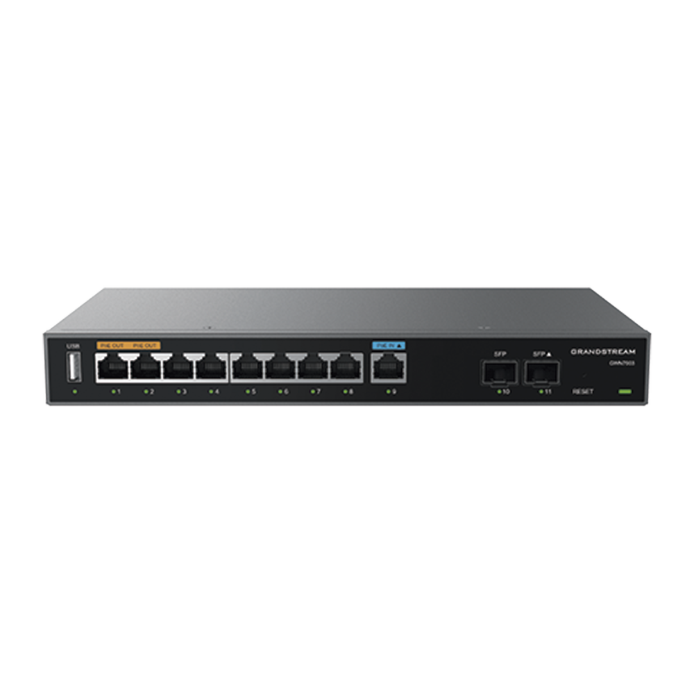 Gigabit VPN Router / Load Balancer / 60,000 NAT sessions / 9 10/100/1000 Mbps ports + 2 SFP ports (WAN/LAN) / 1 PoE input port (af/at) / 2 PoE output ports (af/at) / Compatible with GWN Cloud.