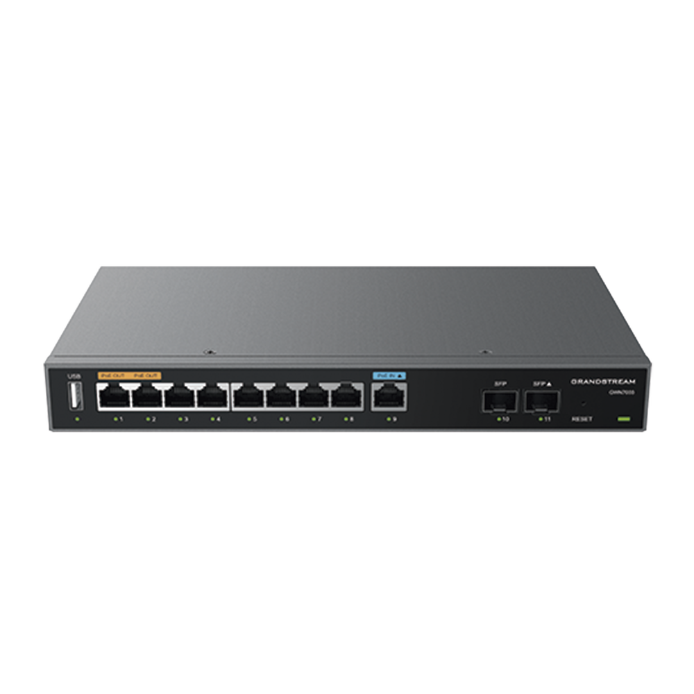 Gigabit VPN Router / Load Balancer / 60,000 NAT sessions / 9 10/100/1000 Mbps ports + 2 SFP ports (WAN/LAN) / 1 PoE input port (af/at) / 2 PoE output ports (af/at) / Compatible with GWN Cloud.