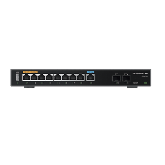 Router Gigabit VPN / Balanceador de cargas / 60,000 sesiones NAT /  9 puertos 10/100/1000 Mbps + 2 puertos SFP (WAN/LAN) / 1 puerto entrada PoE(af/at) / 2 puertos salida PoE (af/at) / Compatible con GWN Cloud.