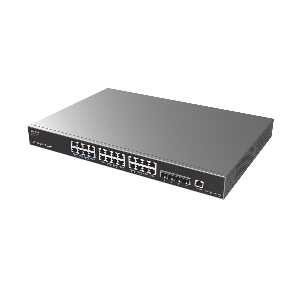 Switch Gigabit PoE+ Administrable / 24 puertos 10/100/1000 Mbps + 4 Puertos SFP+ 10G Uplink / Hasta 360W / Compatible con GWN Cloud.