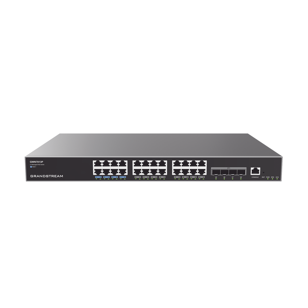 Switch Gigabit PoE+ Administrable / 24 puertos 10/100/1000 Mbps + 4 Puertos SFP+ 10G Uplink / Hasta 360W / Compatible con GWN Cloud.
