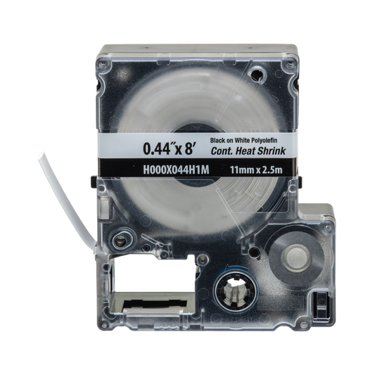 Casete de Etiquetas de Poliolefina de Cinta Continua, Tubo Termocontráctil, 11.2 mm (0.44 in) de Ancho y 2.4 m de largo, Para Cables de 2 a 6.4 mm (16-10 AWG) de Diámetro, Color Blanco