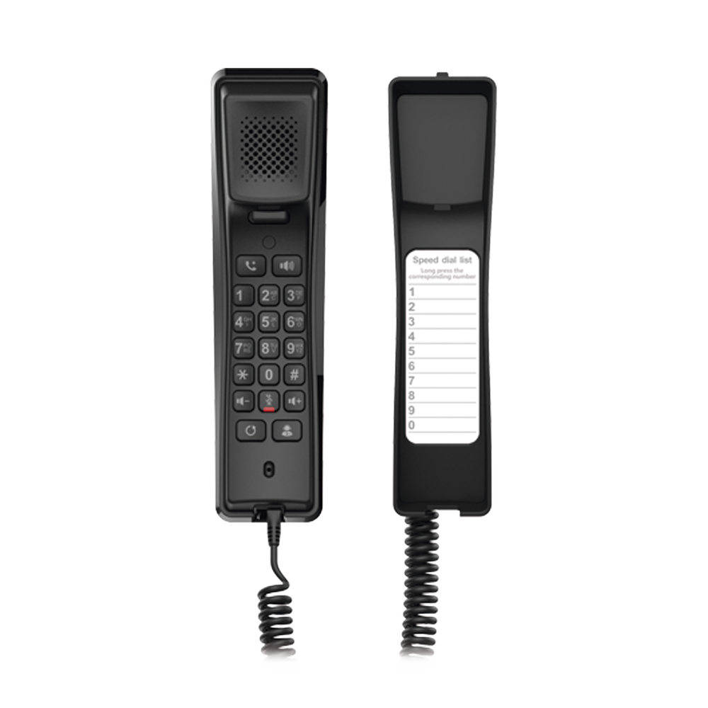 Professional IP phone for hospitality, wall mount, standard keypad, 3-way conferencing, Opus and PoE.